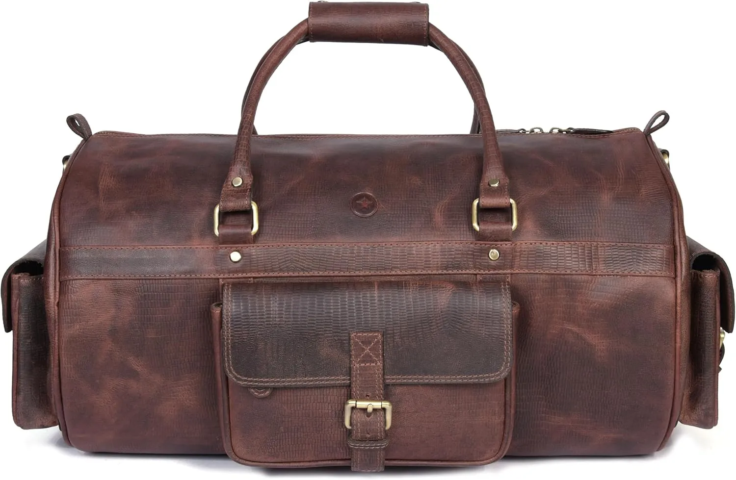 Full Grain Leather Travel Duffel Barrel Bag With Adjustable Straps | Large Compartment & Zippered Side Pockets Weekend Overnight Bag (Cerulean)