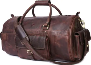 Full Grain Leather Travel Duffel Barrel Bag With Adjustable Straps | Large Compartment & Zippered Side Pockets Weekend Overnight Bag (Cerulean)