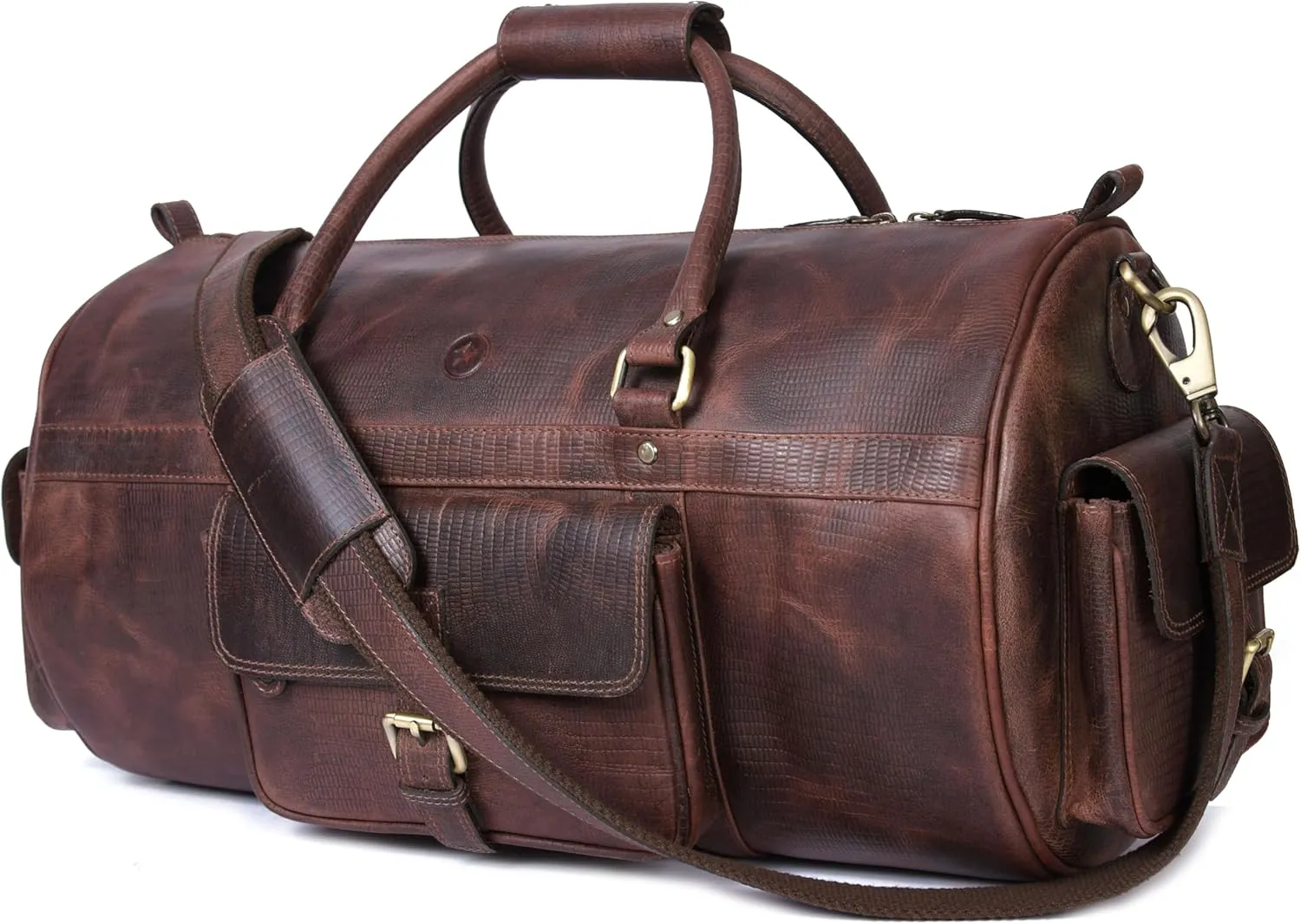 Full Grain Leather Travel Duffel Barrel Bag With Adjustable Straps | Large Compartment & Zippered Side Pockets Weekend Overnight Bag (Cerulean)