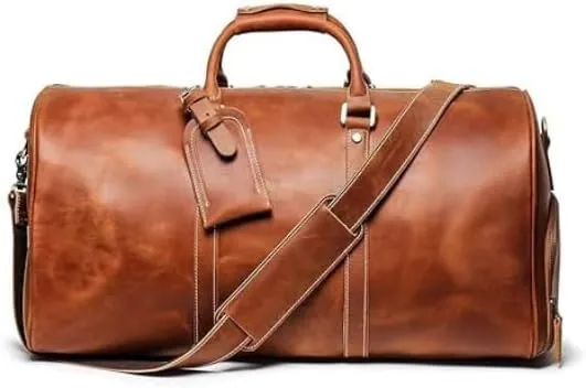 Full Grain Leather Weekender Bag | Classic Men's Overnight Duffel with YKK Zipper, 20-inch Vintage Leather Duffle | Brown