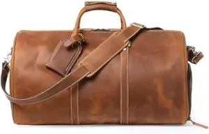 Full Grain Leather Weekender Bag | Classic Men's Overnight Duffel with YKK Zipper, 20-inch Vintage Leather Duffle | Brown