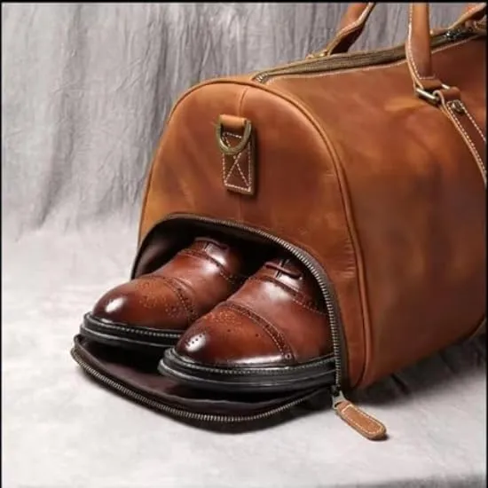 Full Grain Leather Weekender Bag | Classic Men's Overnight Duffel with YKK Zipper, 20-inch Vintage Leather Duffle | Brown