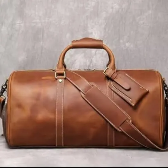 Full Grain Leather Weekender Bag | Classic Men's Overnight Duffel with YKK Zipper, 20-inch Vintage Leather Duffle | Brown