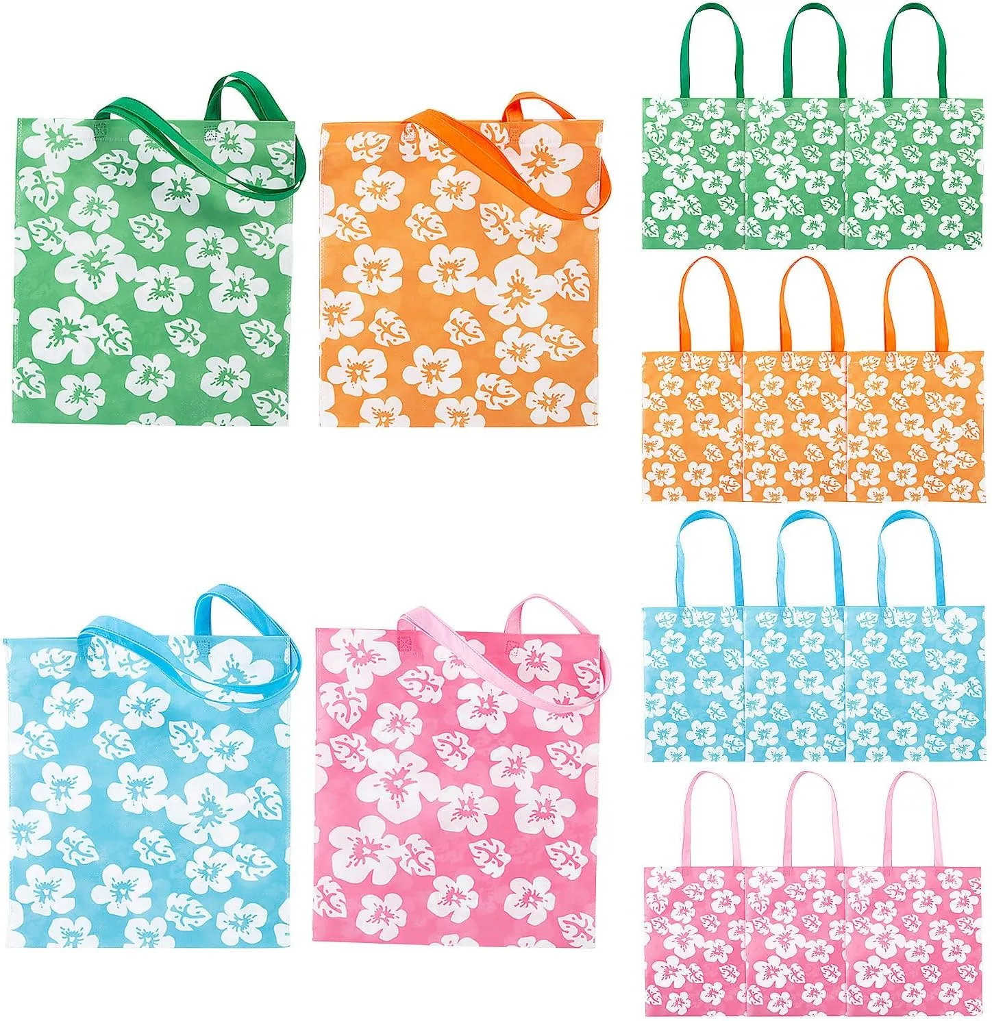 Fun Express Reusable Hibiscus Tote Bags (set of 12) Bright Haiwian colors, Tiki and Luau theme - Great for Groceries or Destinaton Wedding and Party Favors