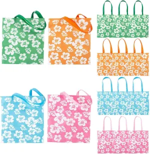 Fun Express Reusable Hibiscus Tote Bags (set of 12) Bright Haiwian colors, Tiki and Luau theme - Great for Groceries or Destinaton Wedding and Party Favors