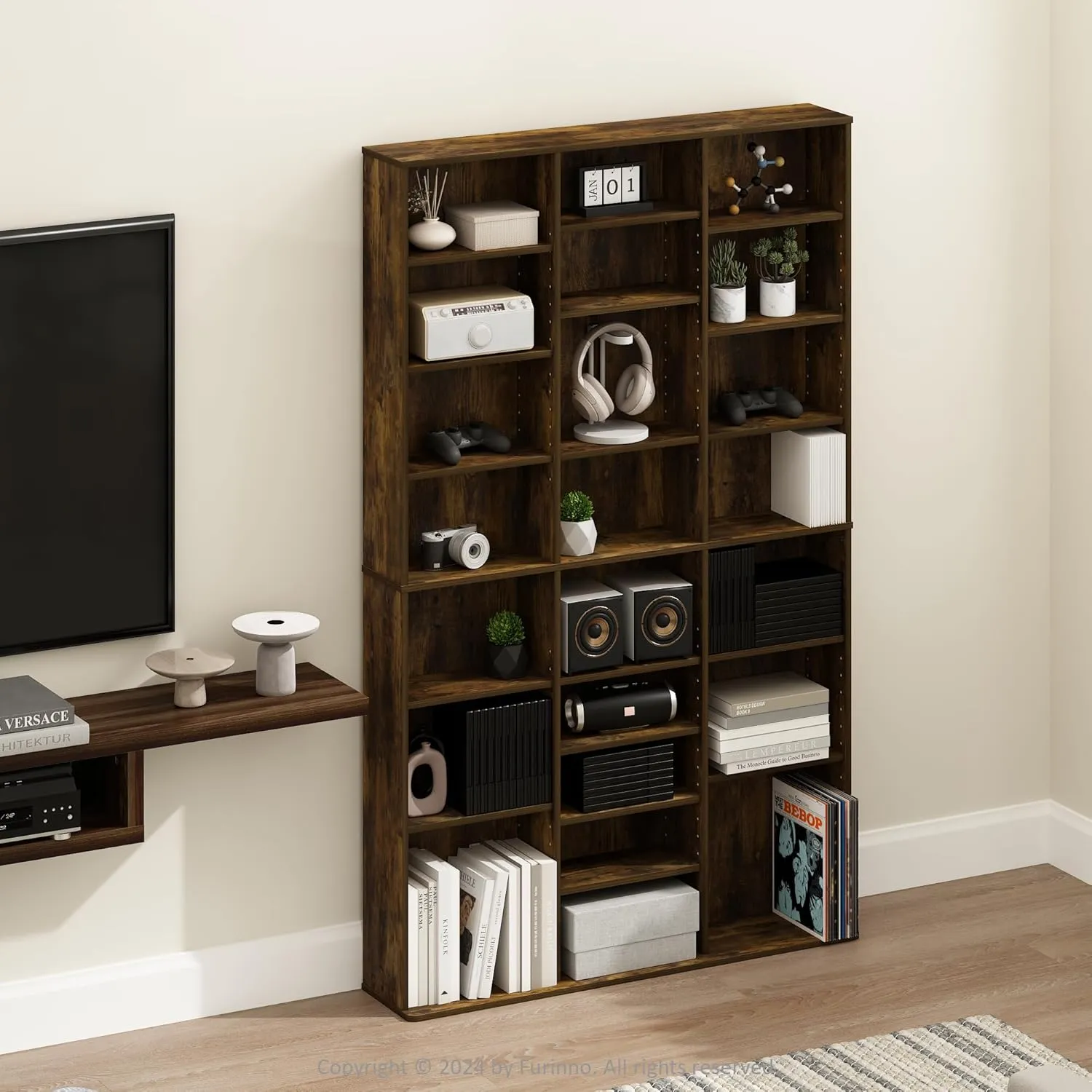 Furinno Jaya 24-Shelf Multimedia Media Storage Tower Rack with Adjustable Shelves, Amber Pine