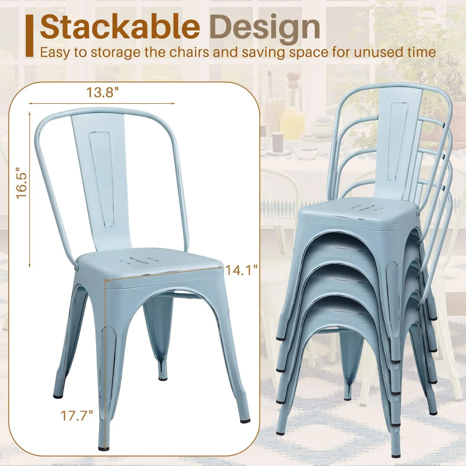 Furmax Metal Dining Chair Indoor Outdoor Use Stackable Chic Side Classic Trattoria Metal Chairs Set of 4 for Kitchen, Dining Room, Bistro and Cafe (Distressed Blue)