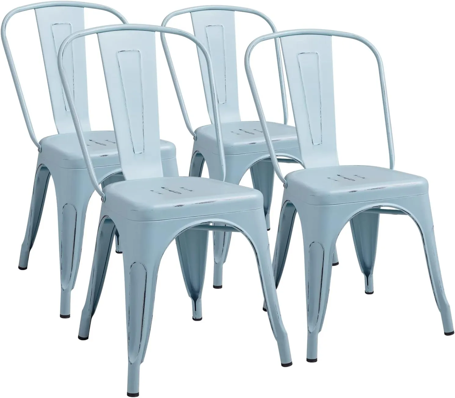 Furmax Metal Dining Chair Indoor Outdoor Use Stackable Chic Side Classic Trattoria Metal Chairs Set of 4 for Kitchen, Dining Room, Bistro and Cafe (Distressed Blue)