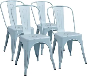 Furmax Metal Dining Chair Indoor Outdoor Use Stackable Chic Side Classic Trattoria Metal Chairs Set of 4 for Kitchen, Dining Room, Bistro and Cafe (Distressed Blue)