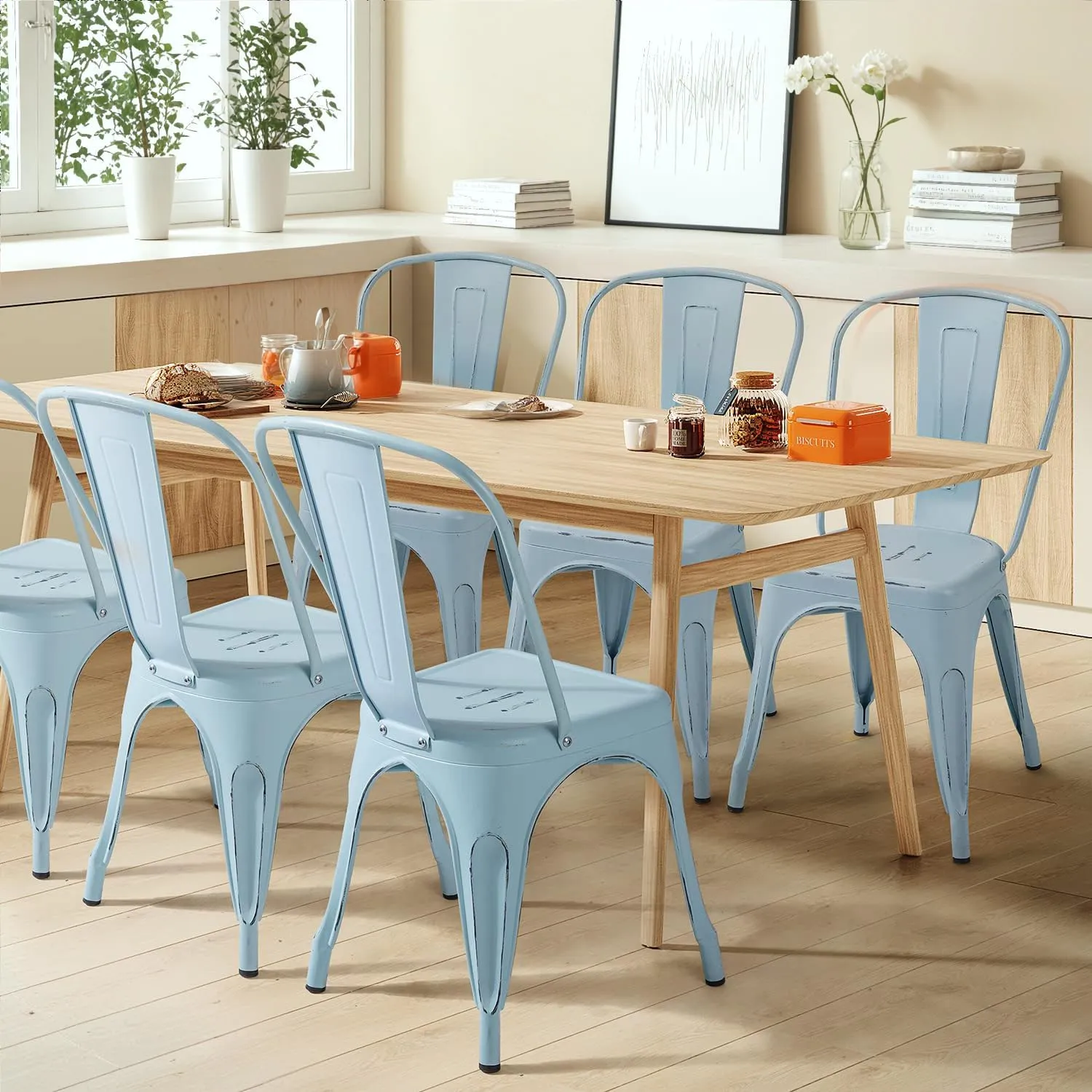 Furmax Metal Dining Chair Indoor Outdoor Use Stackable Chic Side Classic Trattoria Metal Chairs Set of 4 for Kitchen, Dining Room, Bistro and Cafe (Distressed Blue)