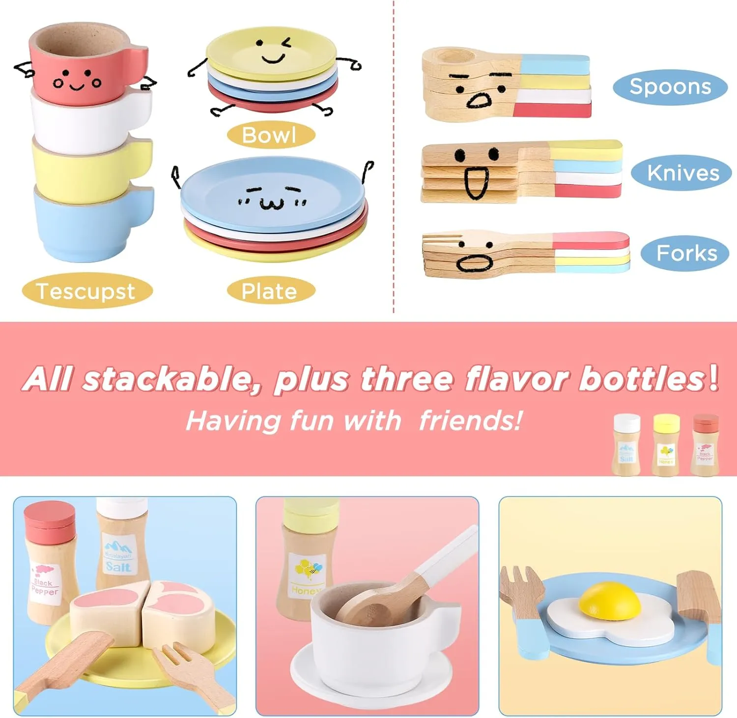 GAGAKU Wooden Play Dishes and Plates for Kids Kitchen Set 27 PCS Montessori Wooden Play Kitchen Accessories Kitchen Toy for Toddlers Wooden Play Cooking Set for 3-8 Years Girls and Boys