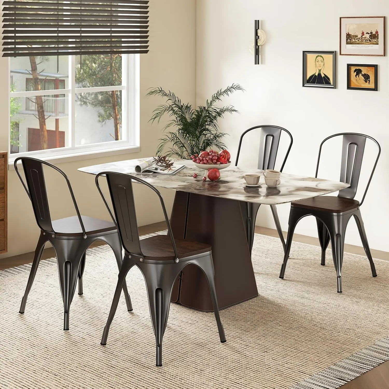 Giantex Metal Dining Chairs Set of 4, Stackable Kitchen Chairs with Wood Seat & Removable Backrest, Metal Chairs, Space-Saving Bistro Cafe Side Chairs for Home, Restaurant, Bar (Bronze)