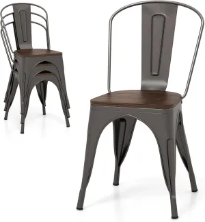 Giantex Metal Dining Chairs Set of 4, Stackable Kitchen Chairs with Wood Seat & Removable Backrest, Metal Chairs, Space-Saving Bistro Cafe Side Chairs for Home, Restaurant, Bar (Bronze)