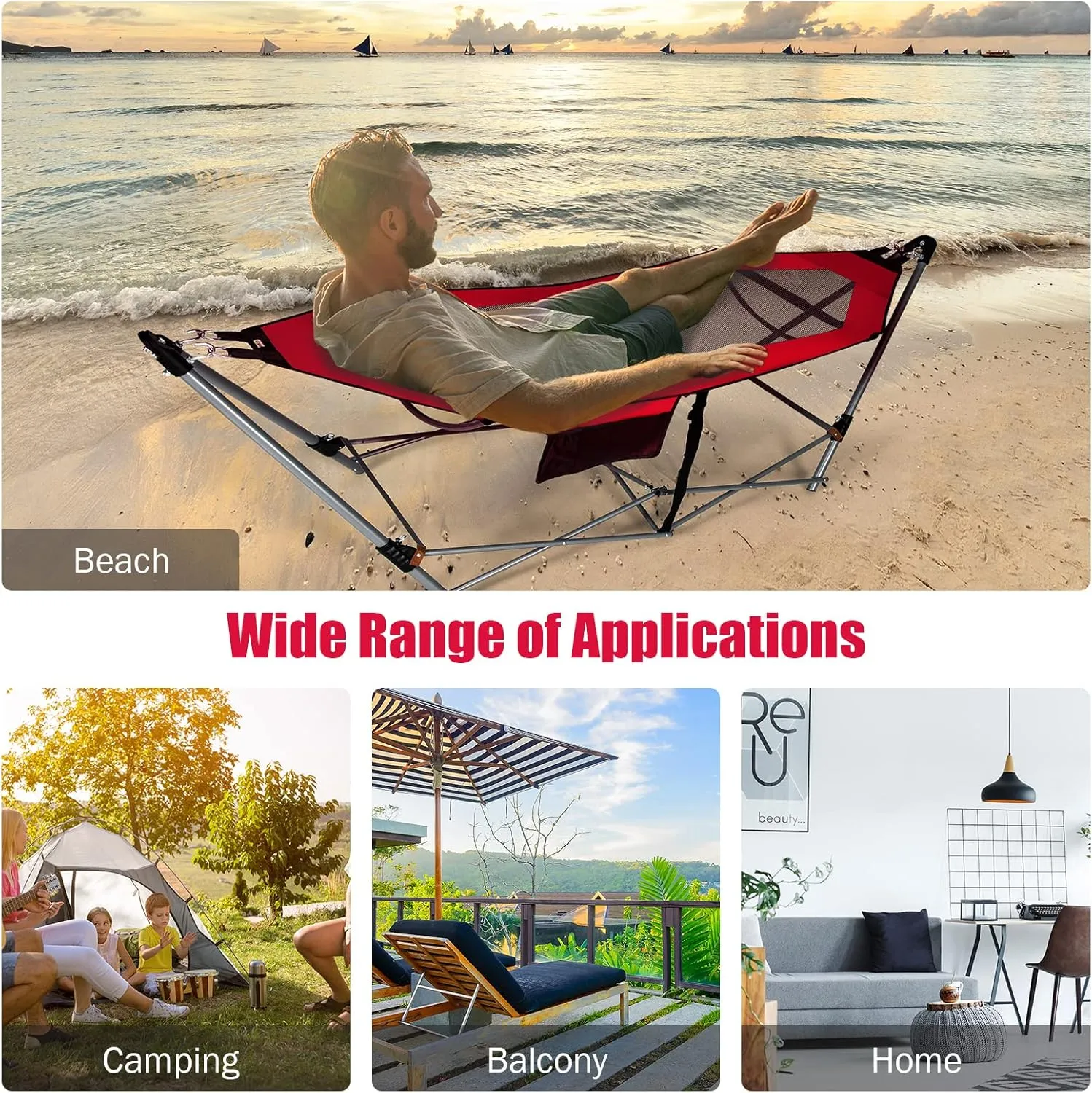 Giantex Portable Folding Hammock, Lounge Camping Bed with Hammock Stand, Indoor & Outdoor Hammocks w/Side Pocket, Anti-tip Buckles & Iron Stand for Camping Outdoor Patio Yard Beach (Red)