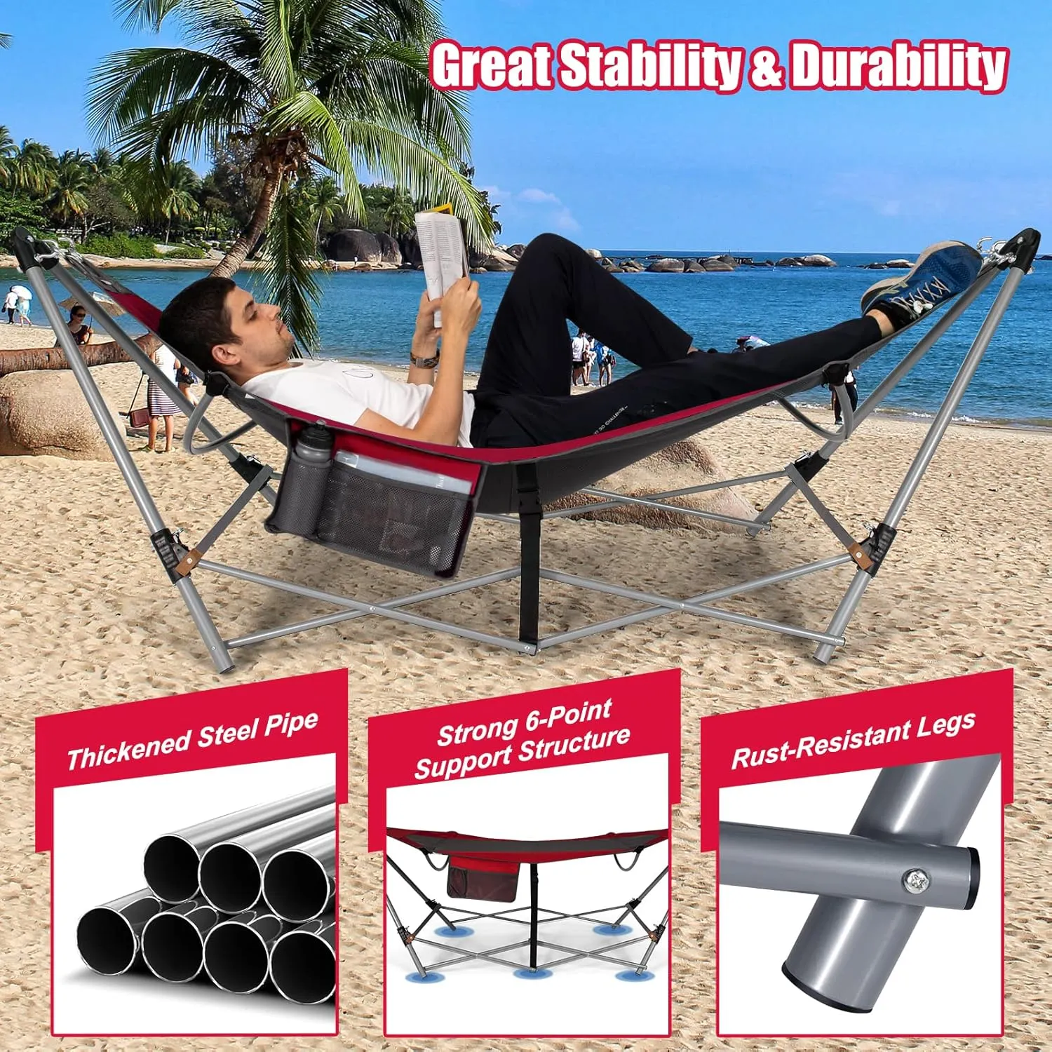 Giantex Portable Folding Hammock, Lounge Camping Bed with Hammock Stand, Indoor & Outdoor Hammocks w/Side Pocket, Anti-tip Buckles & Iron Stand for Camping Outdoor Patio Yard Beach (Red)