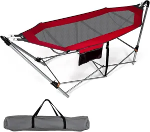 Giantex Portable Folding Hammock, Lounge Camping Bed with Hammock Stand, Indoor & Outdoor Hammocks w/Side Pocket, Anti-tip Buckles & Iron Stand for Camping Outdoor Patio Yard Beach (Red)