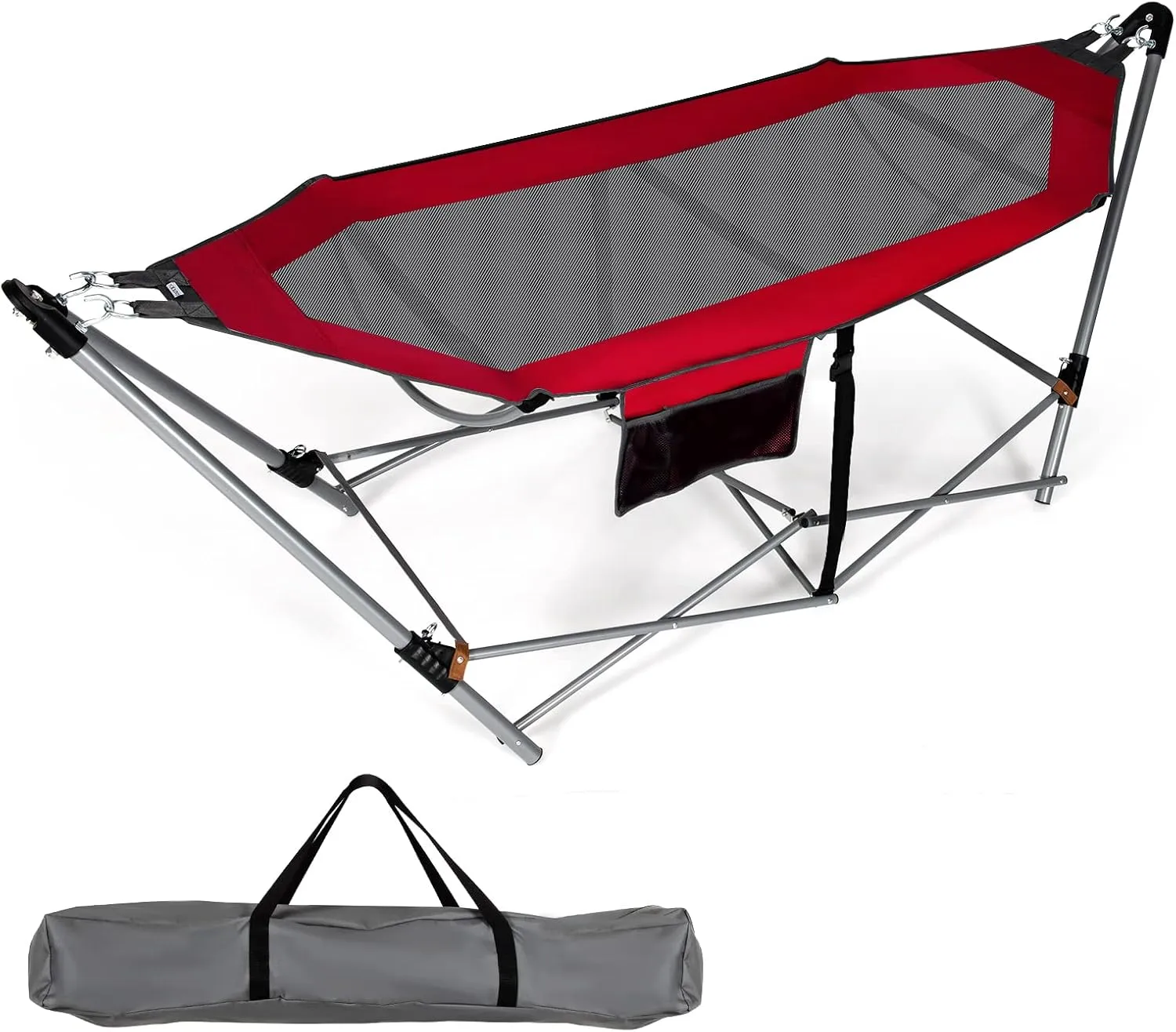 Giantex Portable Folding Hammock, Lounge Camping Bed with Hammock Stand, Indoor & Outdoor Hammocks w/Side Pocket, Anti-tip Buckles & Iron Stand for Camping Outdoor Patio Yard Beach (Red)