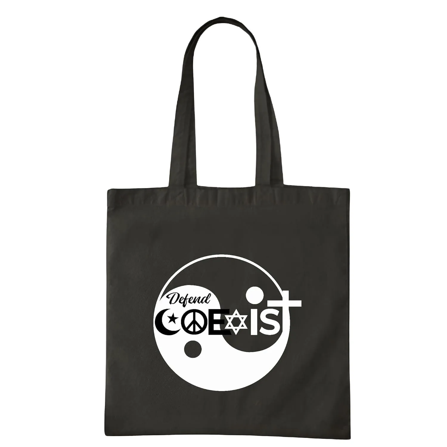 Gift for Religious Coexistence Supporters DEFEND COEXIST Quote Navy Black Multicolor Canvas Tote Bag