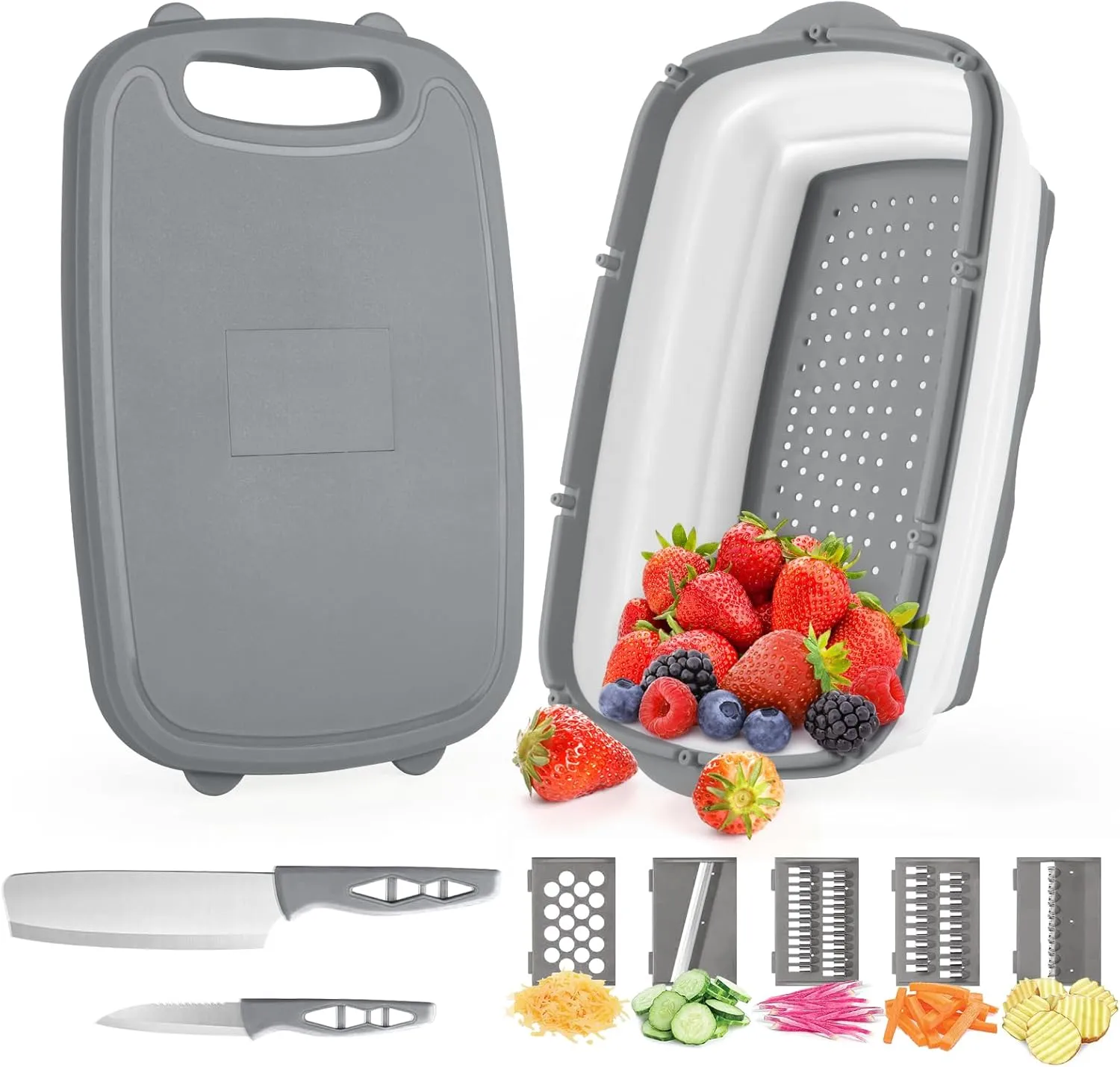 Gintan Camping Cutting Board, 9-in-1 Collapsible Chopping Board with Colander, Gifts for Campers Happy Camper,Camping Accessories for RV Campers (Gray)