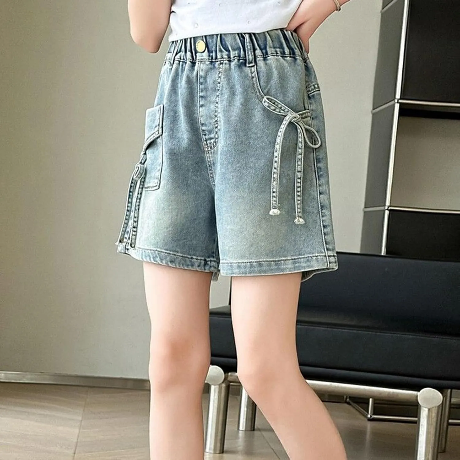 Girls Cute Bow Denim Shorts Kids Trendy Vintage Jeans Elastic Waist Casual Summer Denim Pants with Pocket