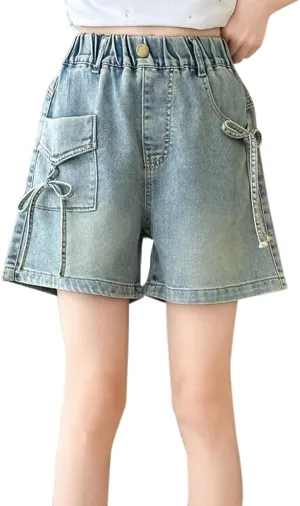 Girls Cute Bow Denim Shorts Kids Trendy Vintage Jeans Elastic Waist Casual Summer Denim Pants with Pocket