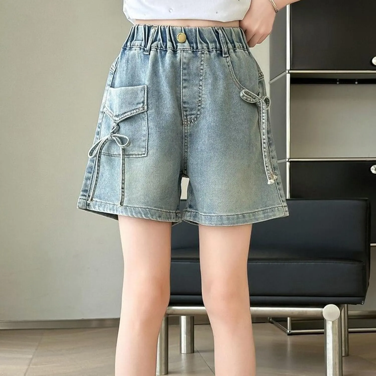 Girls Cute Bow Denim Shorts Kids Trendy Vintage Jeans Elastic Waist Casual Summer Denim Pants with Pocket