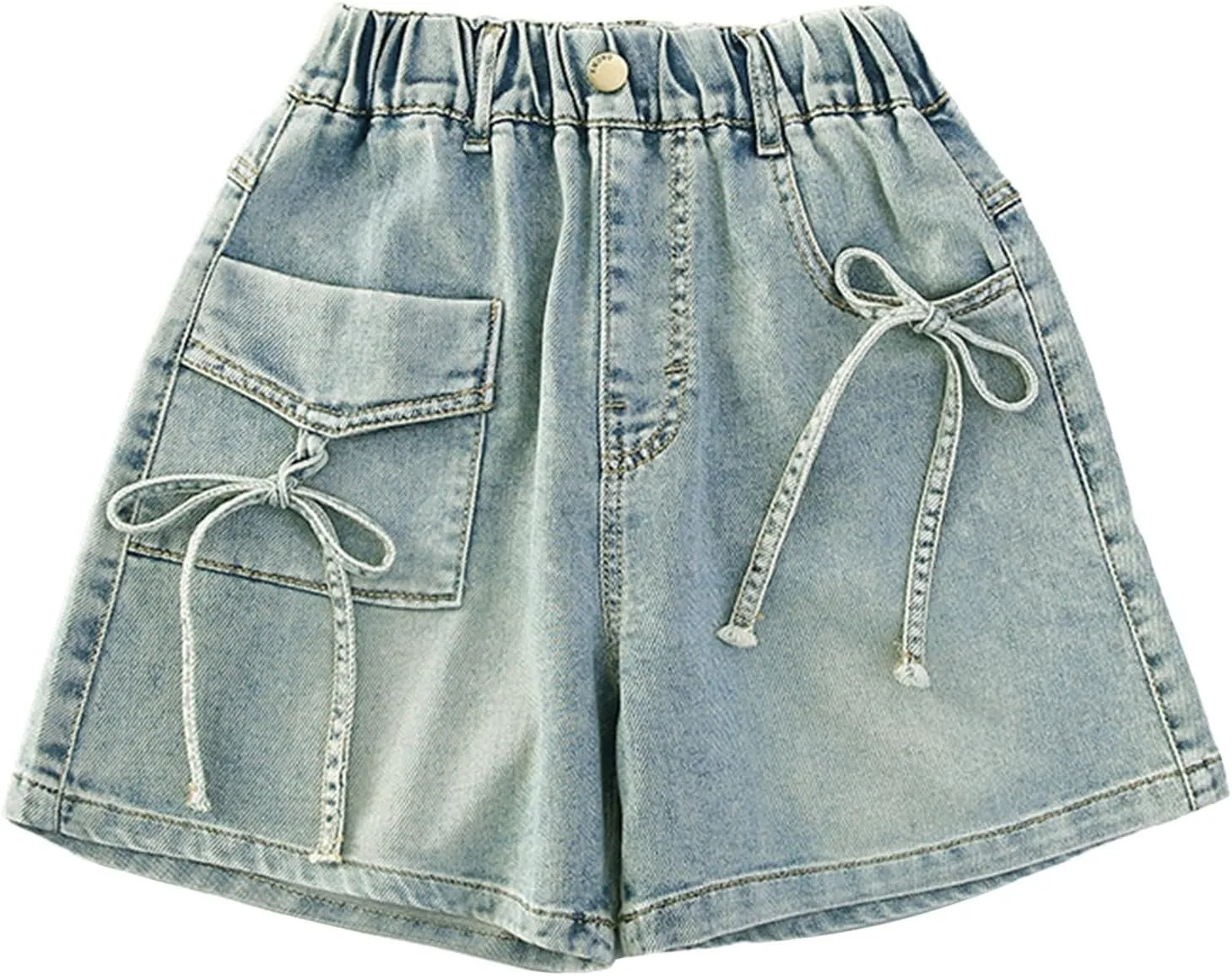 Girls Cute Bow Denim Shorts Kids Trendy Vintage Jeans Elastic Waist Casual Summer Denim Pants with Pocket