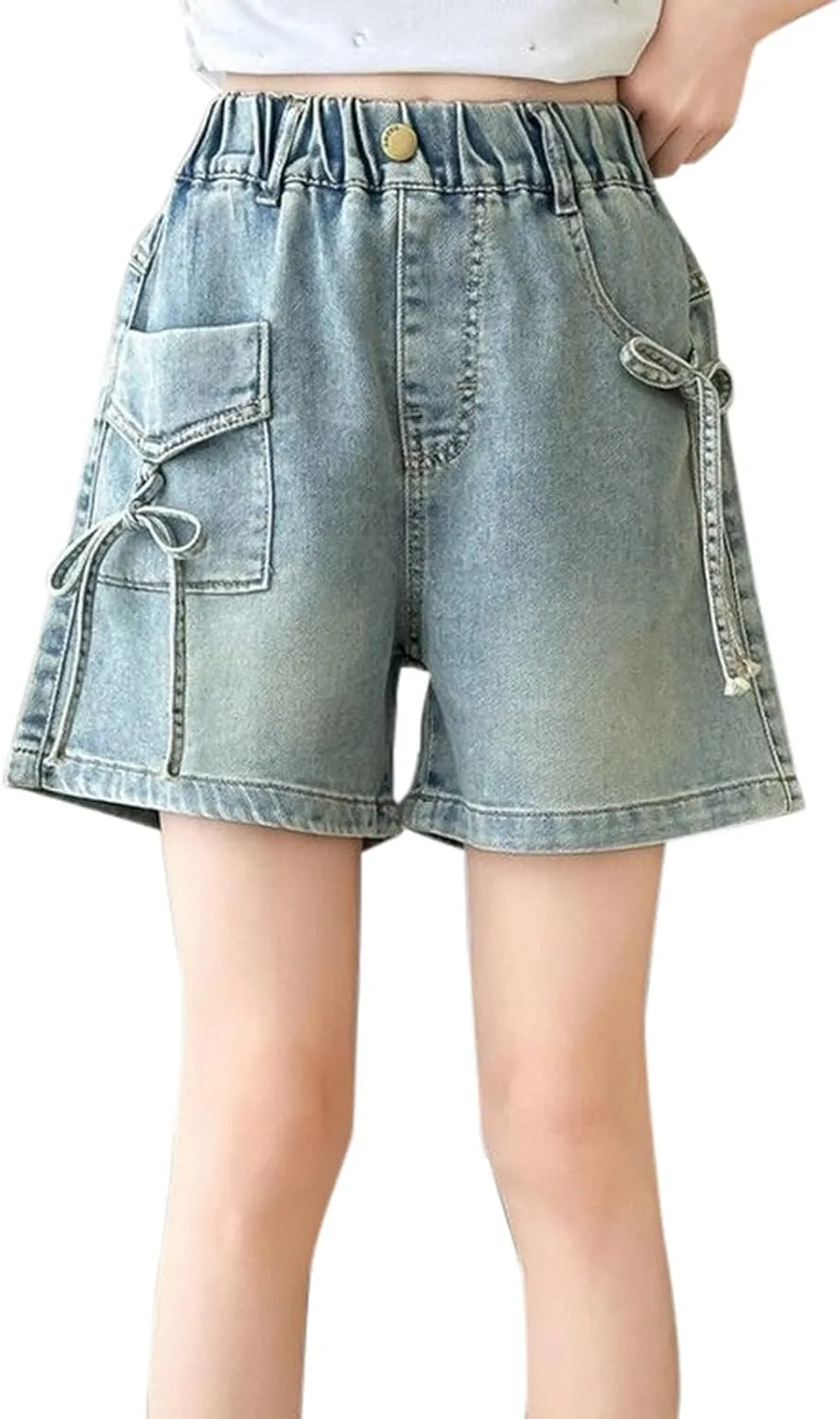 Girls Cute Bow Denim Shorts Kids Trendy Vintage Jeans Elastic Waist Casual Summer Denim Pants with Pocket