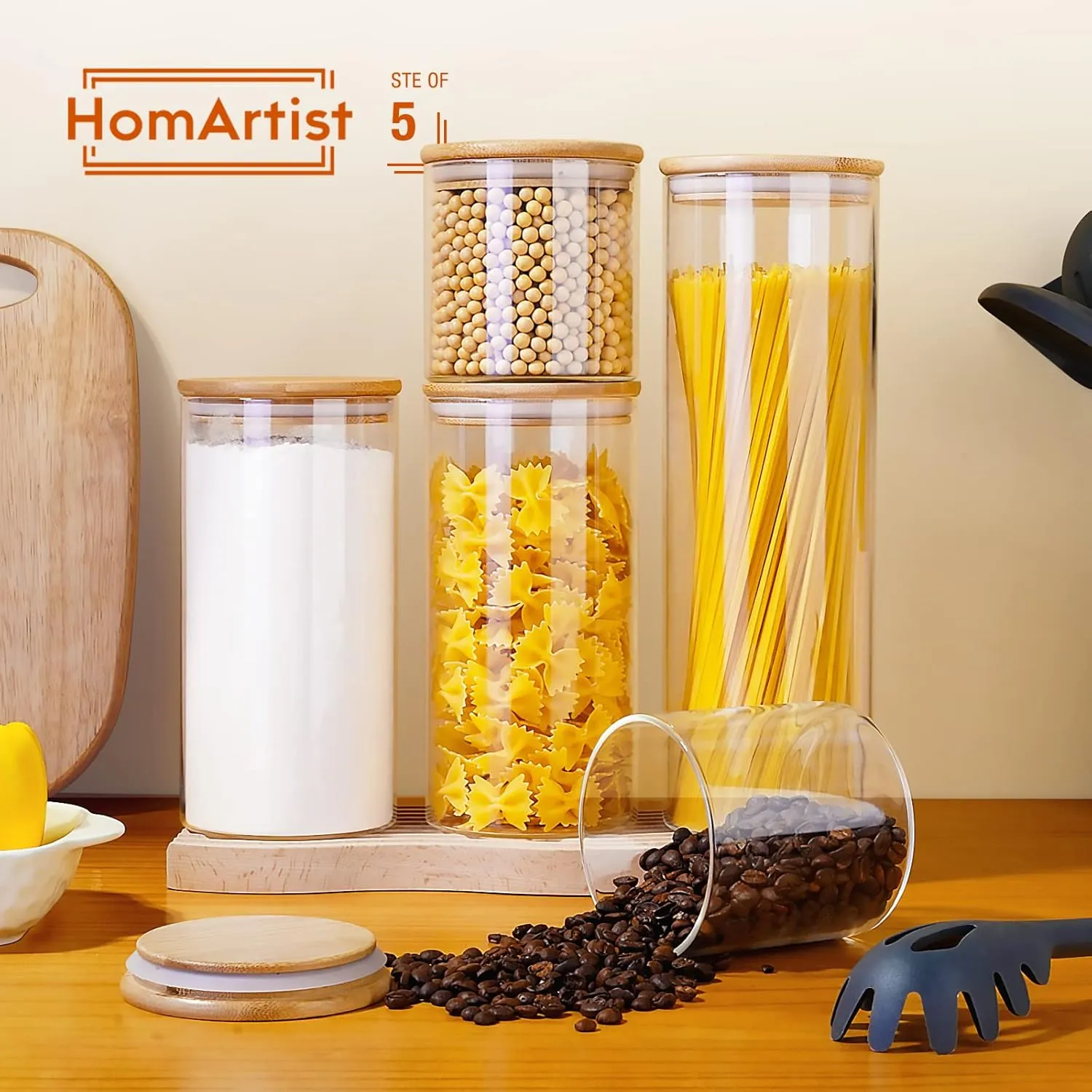 Glass Jars with Bamboo Lids [Muti Size Set of 5], Glass Canisters with Airtight Lids, Glass Food Storage Containers for Pasta, Oats, Coffee, Flour, Sugar, Rice, Best for Kitchen & Pantry