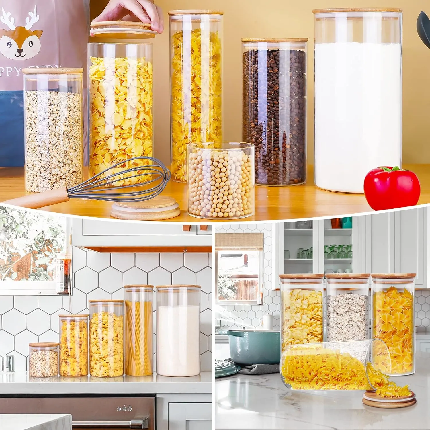 Glass Jars with Bamboo Lids [Muti Size Set of 5], Glass Canisters with Airtight Lids, Glass Food Storage Containers for Pasta, Oats, Coffee, Flour, Sugar, Rice, Best for Kitchen & Pantry