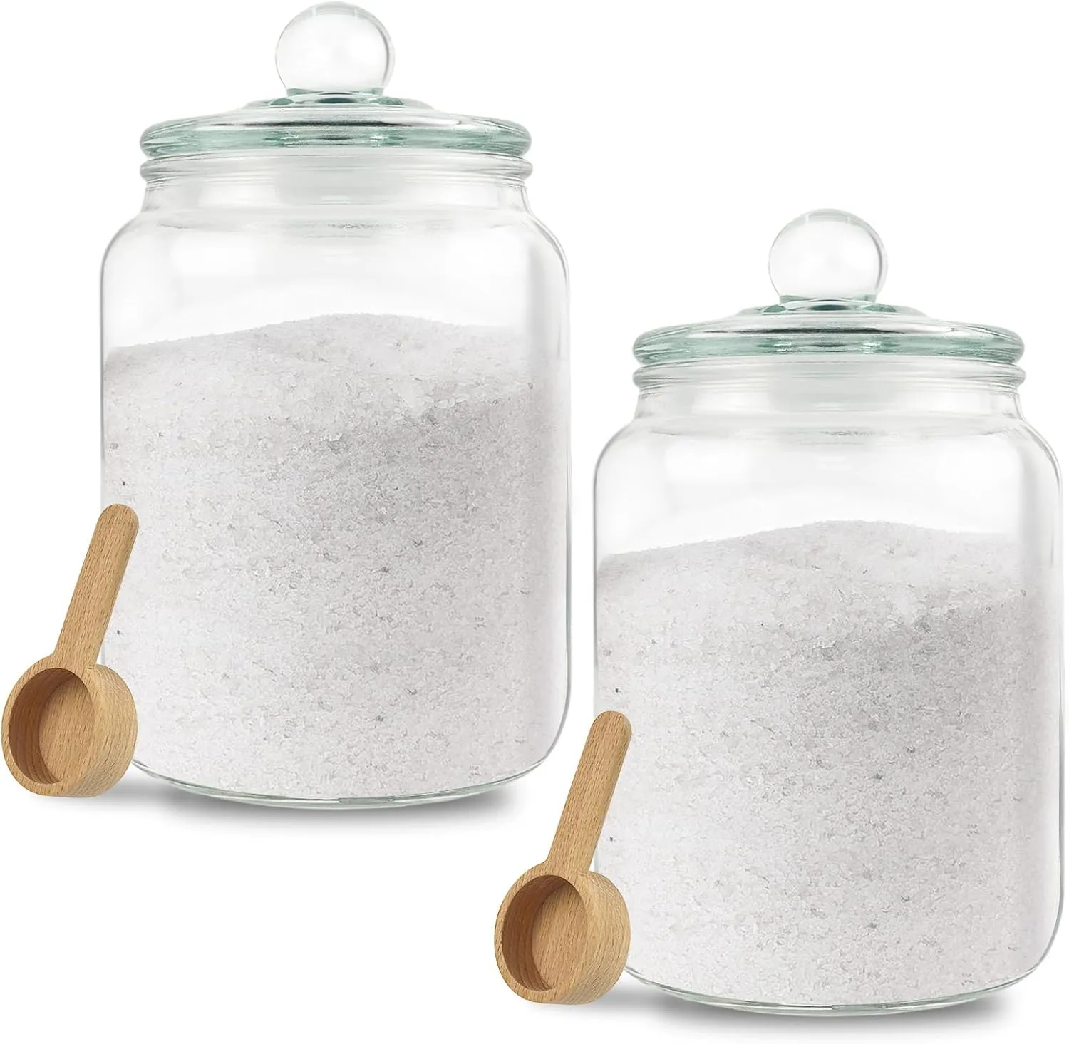 Global BathGlow 70 oz Bath Salt Set - Glass Jar with 2 Wooden Scoop & Airtight Lids, 2 Large Storage Canisters for Salt, Candy, Tea, Bath Decor