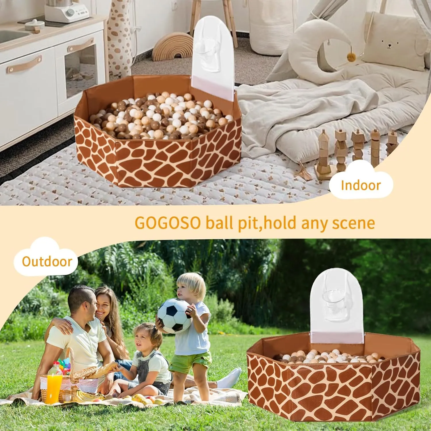 GOGOSO Foldable Ball Pit for Toddlers Large Soft Indoor Outdoor Pop Up Baby Kids Infant Ballpit Big Collapsible Puppy Dog Cat Pits with Basketball Hoop (Balls Not Included), Giraffe