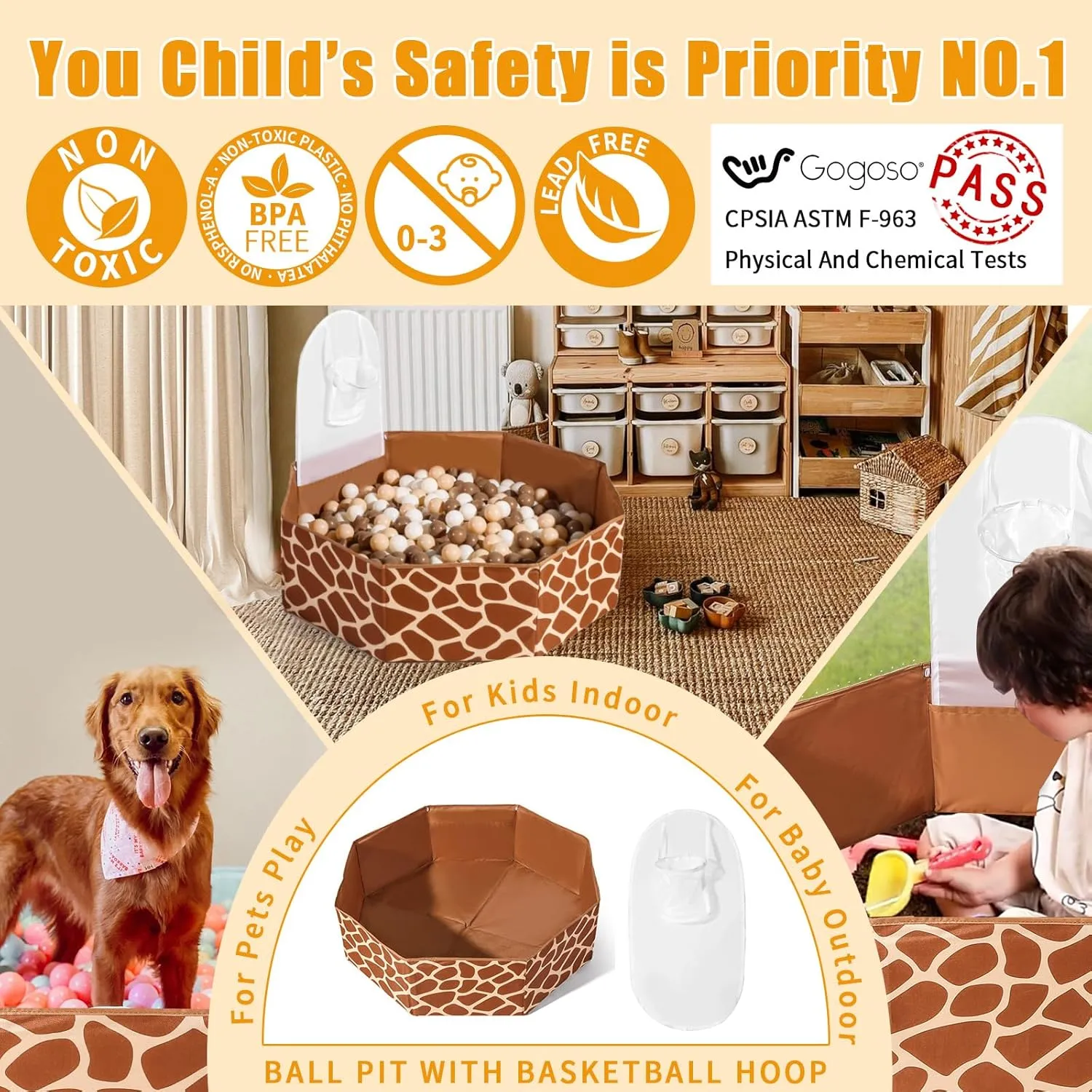 GOGOSO Foldable Ball Pit for Toddlers Large Soft Indoor Outdoor Pop Up Baby Kids Infant Ballpit Big Collapsible Puppy Dog Cat Pits with Basketball Hoop (Balls Not Included), Giraffe