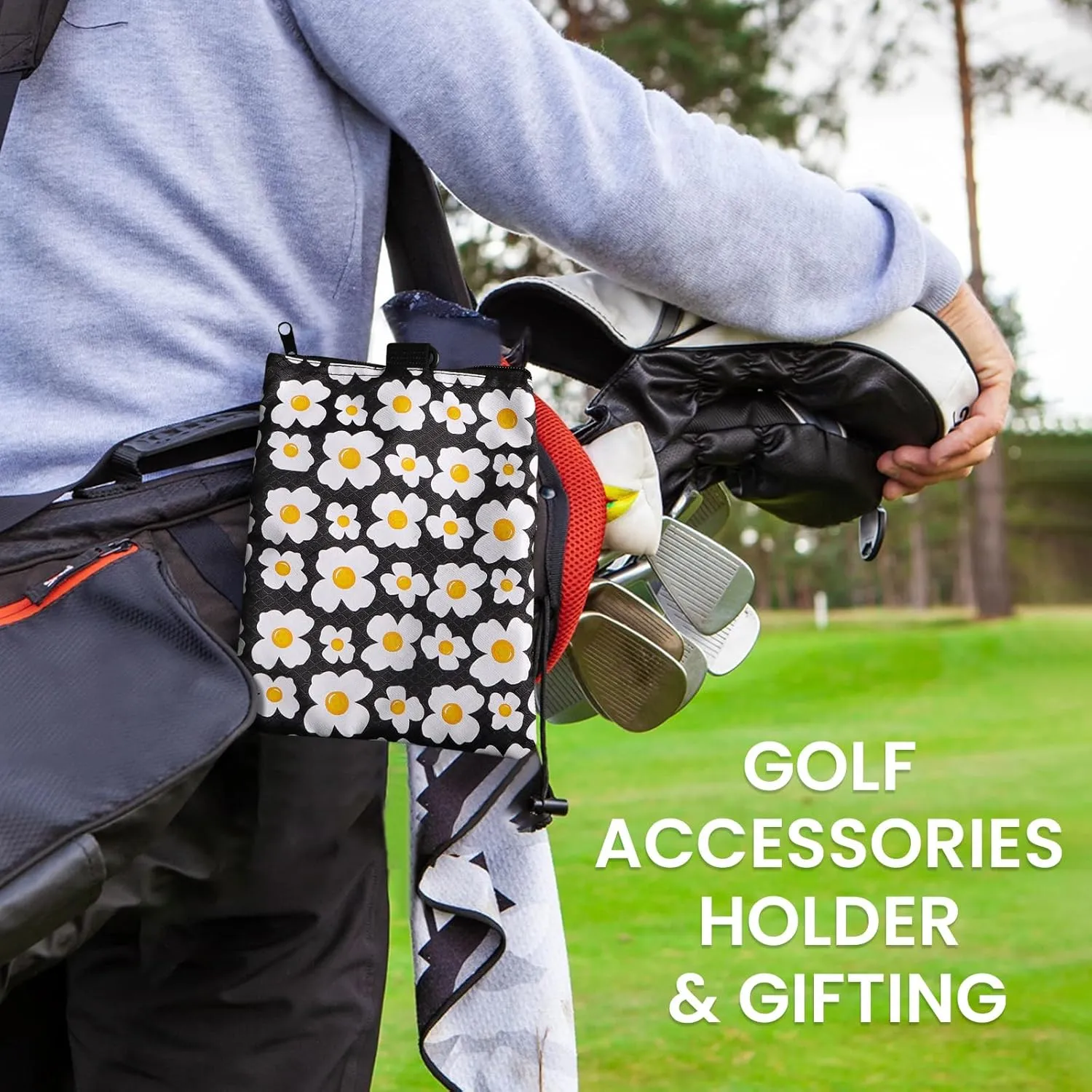 Golf Bag Accessories Valuables Pouch Bags Multi Pocket Zipper Hook with 10 Pcs Wood Golf Tees for Men Women
