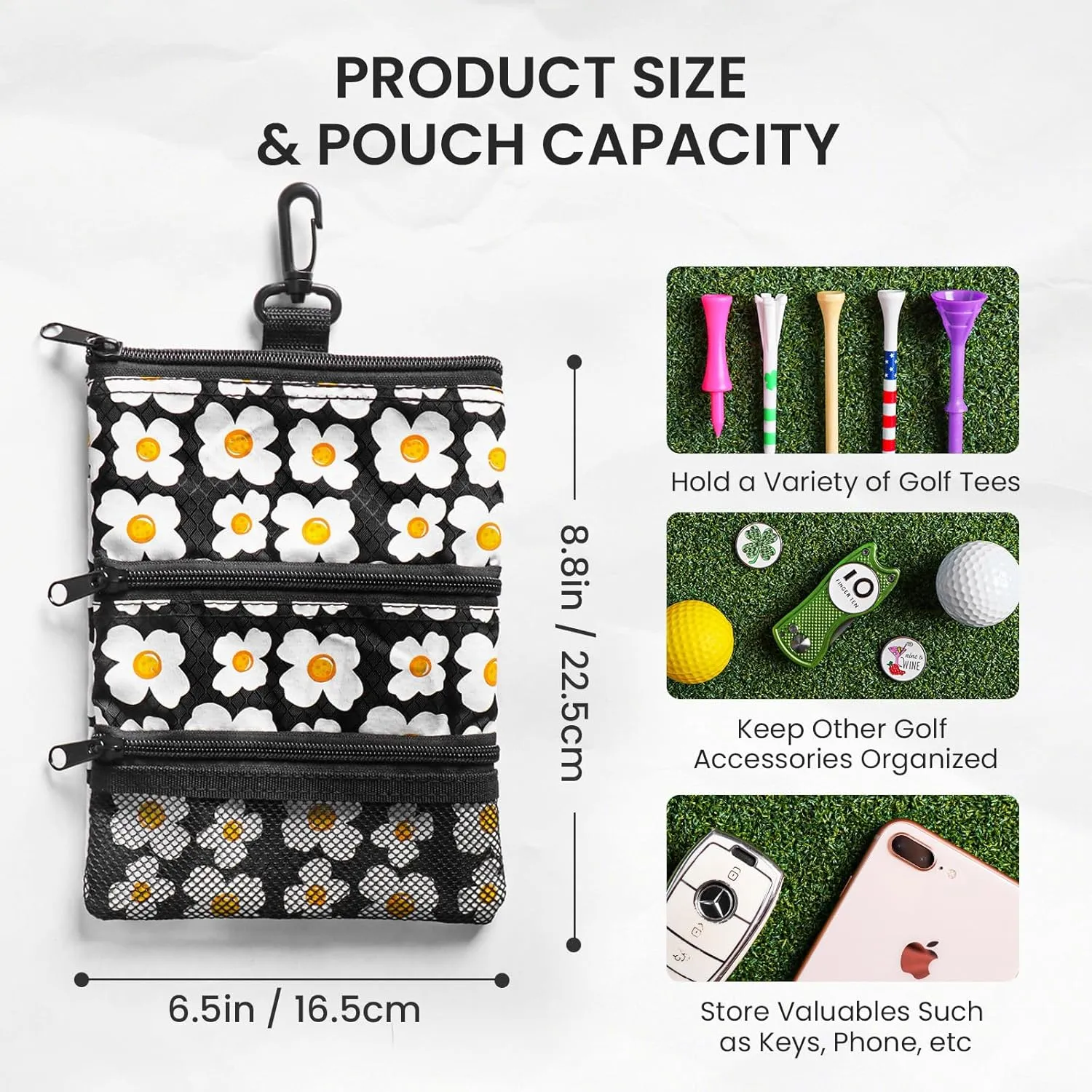 Golf Bag Accessories Valuables Pouch Bags Multi Pocket Zipper Hook with 10 Pcs Wood Golf Tees for Men Women