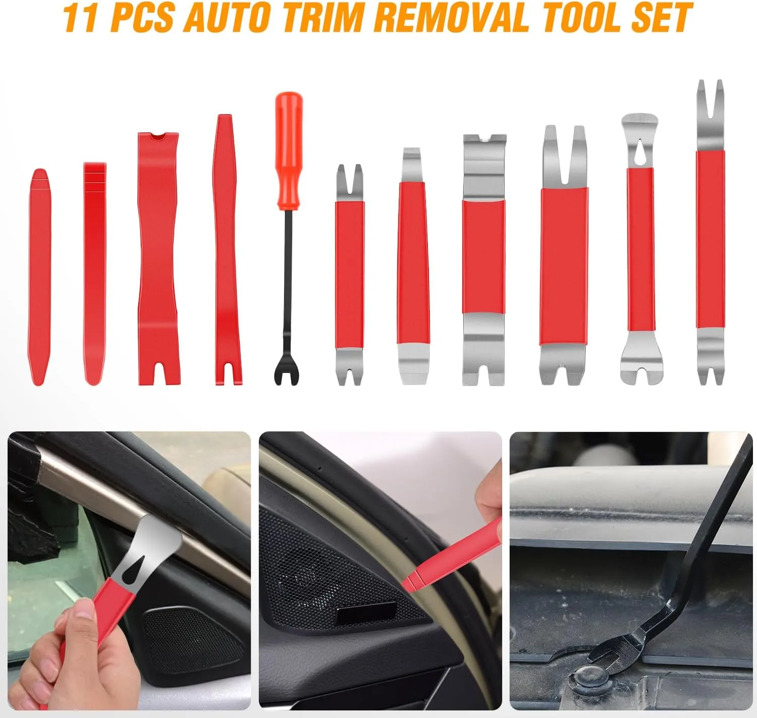 GOOACC 11 PCS Trim Removal Tool Kit, Metal Pry Tool Auto Fastener Remover Pry Bar Set Car Door Panel Removal Tool Dashboard Repair Kit Red