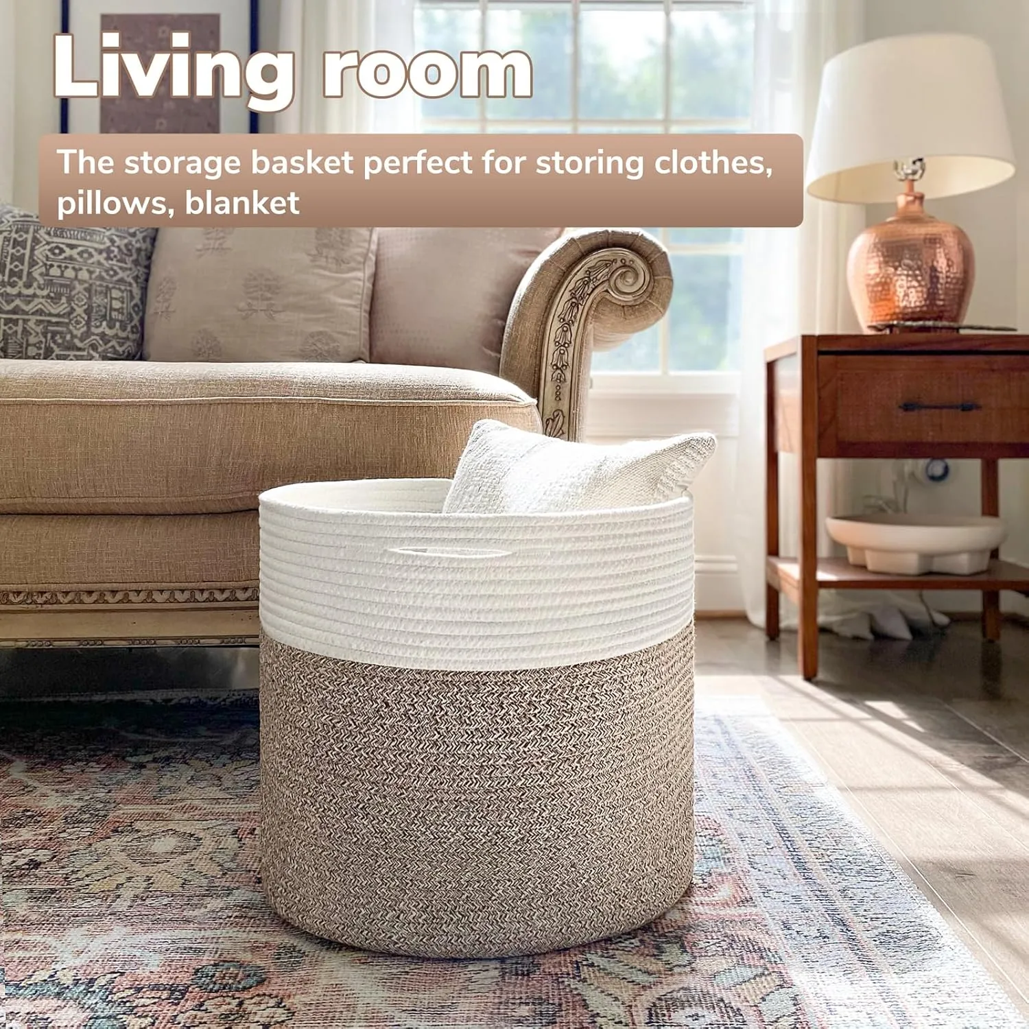 Goodpick Large Cotton Rope Basket, Blanket Basket Living Room 15.8"x15.8"x13.8" Baby Toy Storage, Woven Storage, Nursery Bin