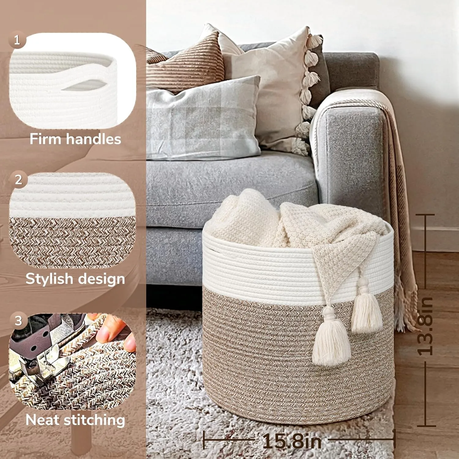 Goodpick Large Cotton Rope Basket, Blanket Basket Living Room 15.8"x15.8"x13.8" Baby Toy Storage, Woven Storage, Nursery Bin