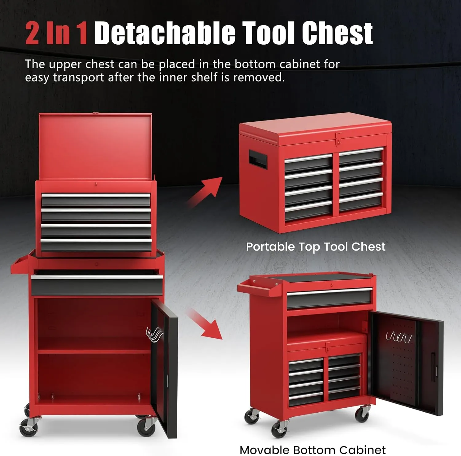 Goplus Rolling Tool Chest, 5-Drawer Tool Storage Cabinet with Lockable Wheels, Detachable Top Toolbox, Lock Bar, Heavy Duty Metal Tool Cart for Workshop Garage