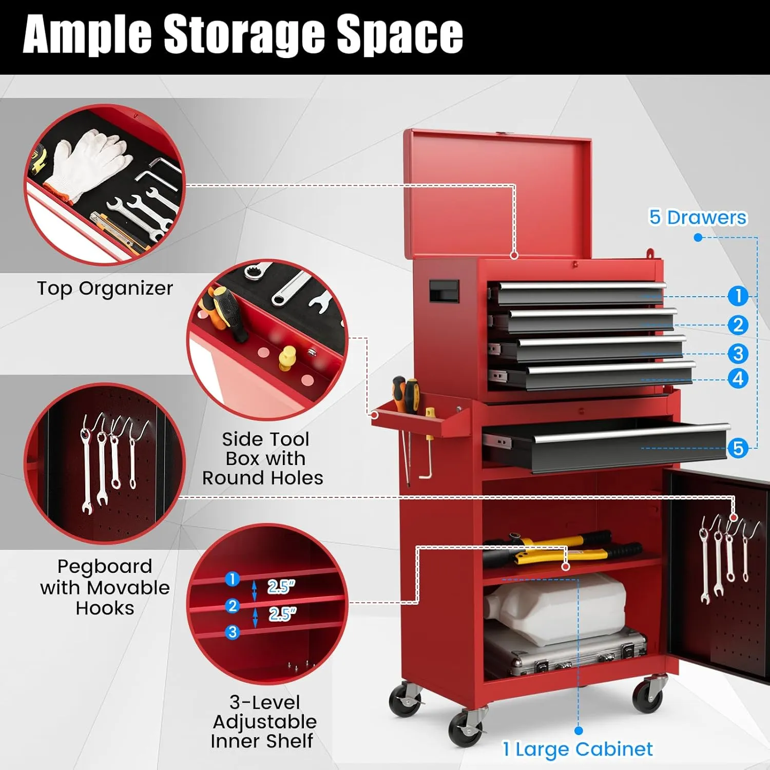 Goplus Rolling Tool Chest, 5-Drawer Tool Storage Cabinet with Lockable Wheels, Detachable Top Toolbox, Lock Bar, Heavy Duty Metal Tool Cart for Workshop Garage