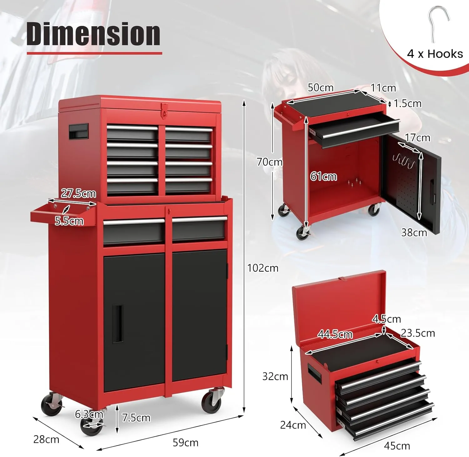 Goplus Rolling Tool Chest, 5-Drawer Tool Storage Cabinet with Lockable Wheels, Detachable Top Toolbox, Lock Bar, Heavy Duty Metal Tool Cart for Workshop Garage