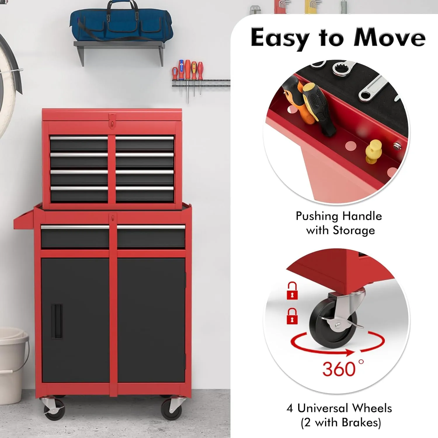 Goplus Rolling Tool Chest, 5-Drawer Tool Storage Cabinet with Lockable Wheels, Detachable Top Toolbox, Lock Bar, Heavy Duty Metal Tool Cart for Workshop Garage