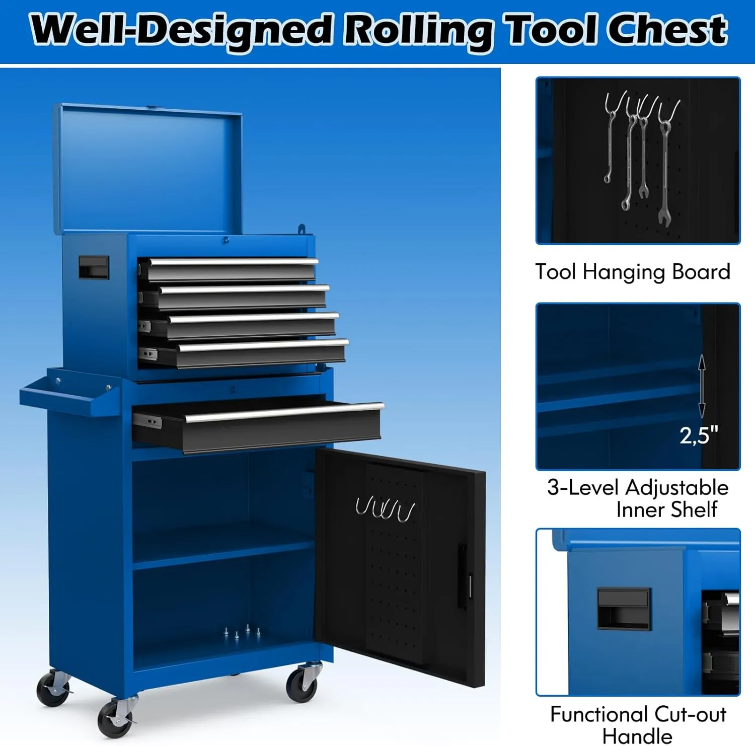 Goplus Tool Chest, 5-Drawer Rolling Cabinet with Detachable Top Toolbox, Lockable Wheels, Lock Bar, Protective Liner & Tool Rack, Metal Storage Cart for Garage Workshop