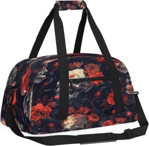 Gothic Sugar Skull Red Rose Kids Overnighter Duffel Bags for Boys, Carry-On Size Sports Gym Bag with Front Zipper Pocket for School Practice or Overnight Travel Weekender Sleepover Tote Bag