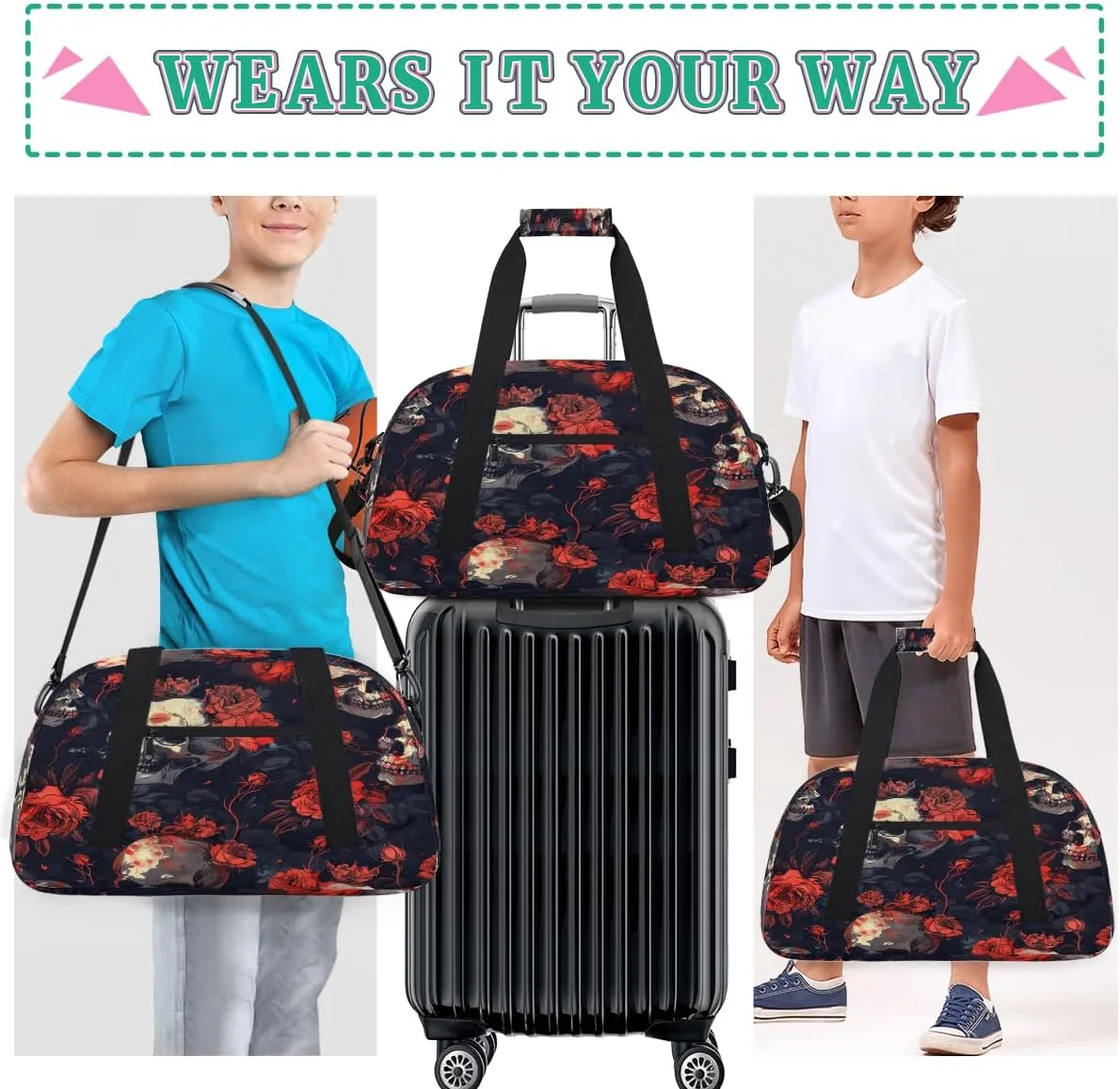 Gothic Sugar Skull Red Rose Kids Overnighter Duffel Bags for Boys, Carry-On Size Sports Gym Bag with Front Zipper Pocket for School Practice or Overnight Travel Weekender Sleepover Tote Bag