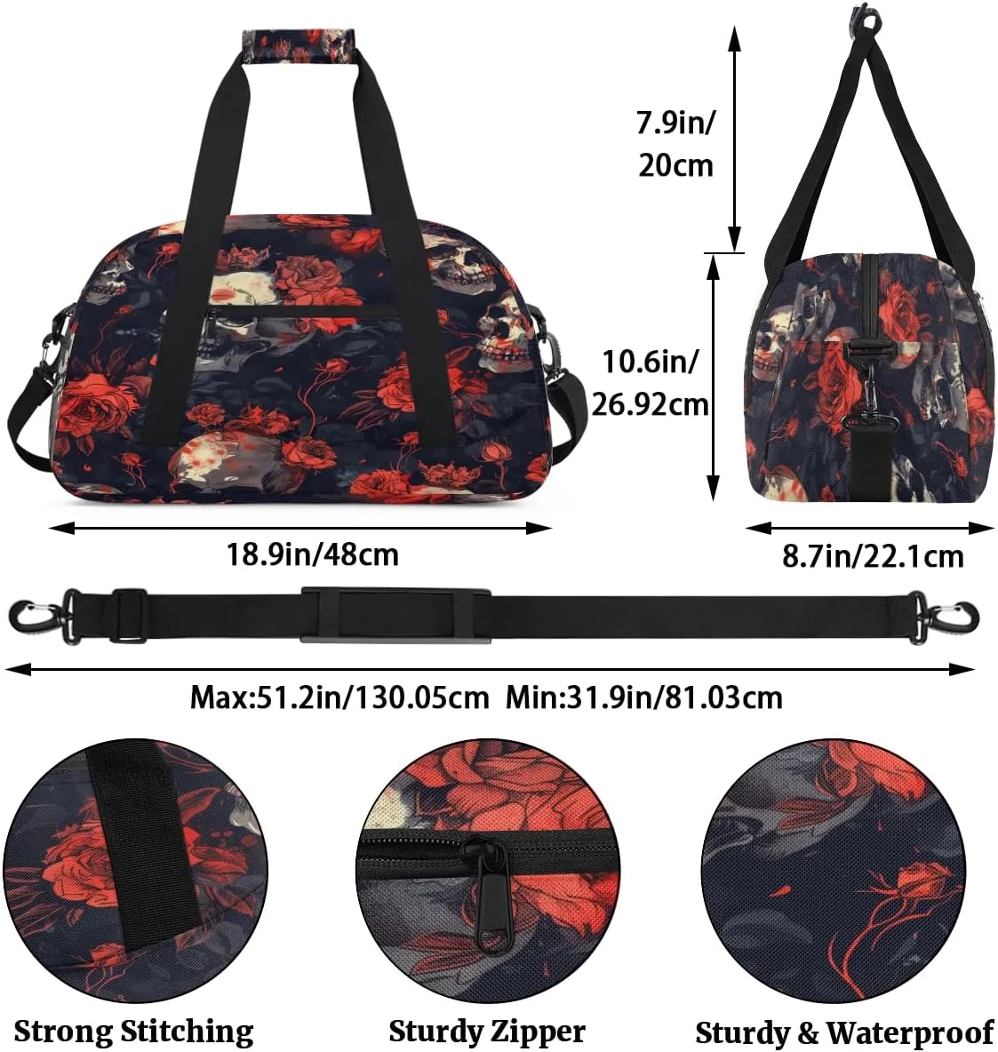 Gothic Sugar Skull Red Rose Kids Overnighter Duffel Bags for Boys, Carry-On Size Sports Gym Bag with Front Zipper Pocket for School Practice or Overnight Travel Weekender Sleepover Tote Bag