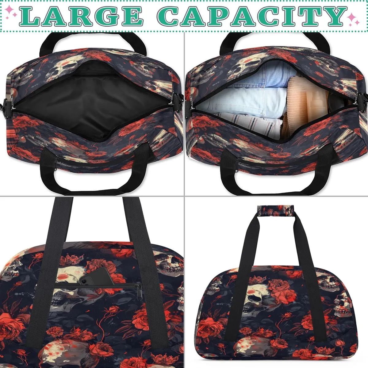 Gothic Sugar Skull Red Rose Kids Overnighter Duffel Bags for Boys, Carry-On Size Sports Gym Bag with Front Zipper Pocket for School Practice or Overnight Travel Weekender Sleepover Tote Bag
