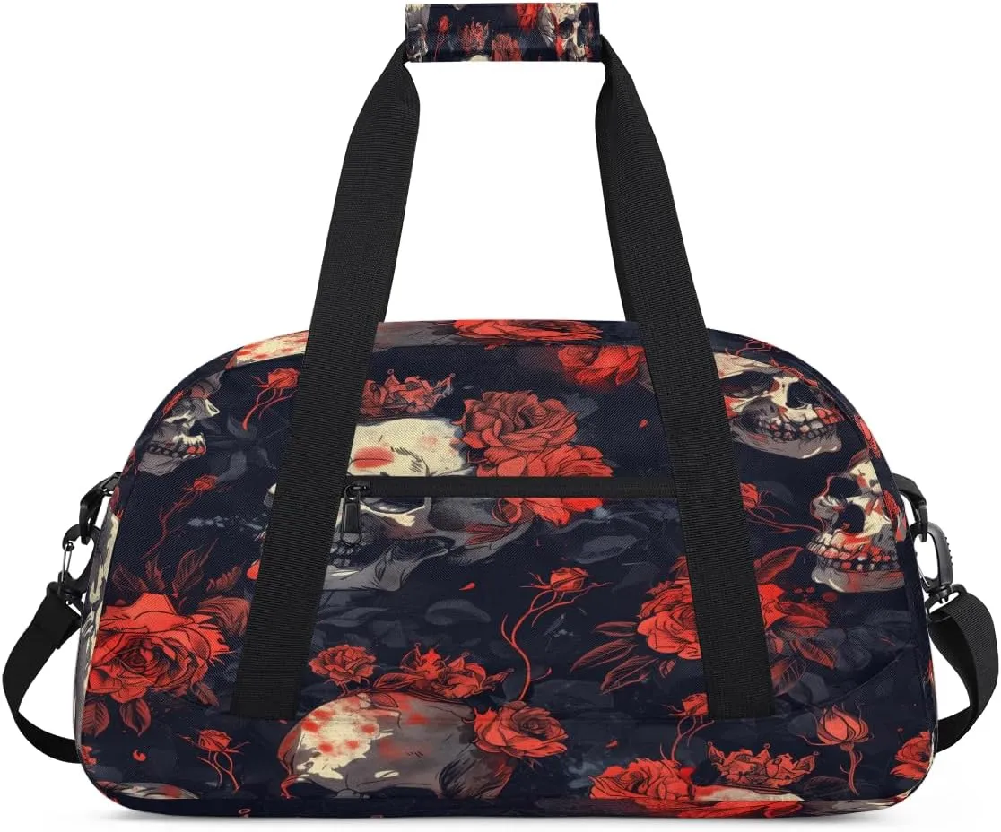 Gothic Sugar Skull Red Rose Kids Overnighter Duffel Bags for Boys, Carry-On Size Sports Gym Bag with Front Zipper Pocket for School Practice or Overnight Travel Weekender Sleepover Tote Bag
