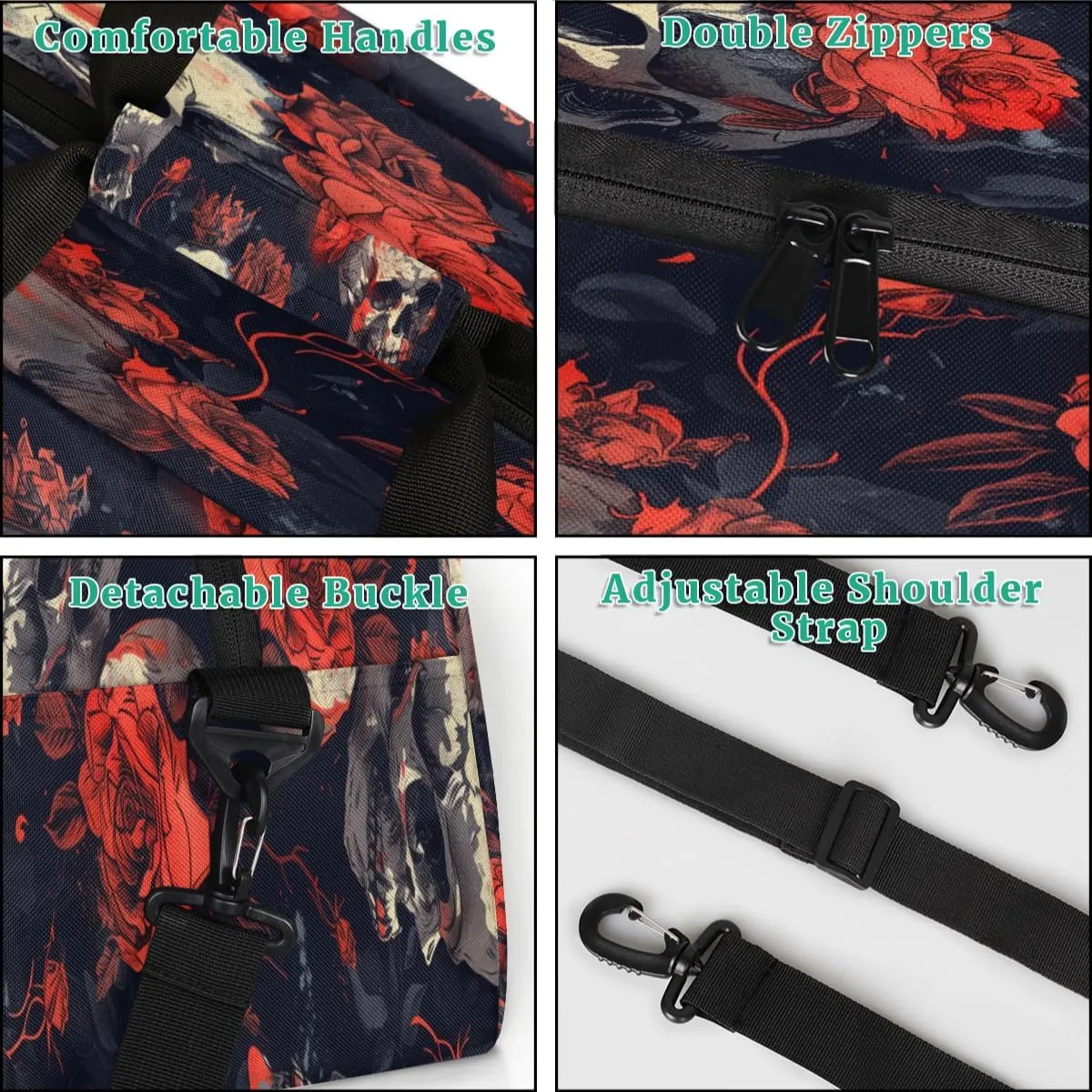 Gothic Sugar Skull Red Rose Kids Overnighter Duffel Bags for Boys, Carry-On Size Sports Gym Bag with Front Zipper Pocket for School Practice or Overnight Travel Weekender Sleepover Tote Bag