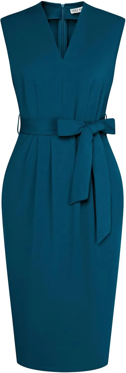 GRACE KARIN Women's Business Dresses Sleeveless V Neck Bodycon Sheath Dress Zipper Up Office Work Dress with Pockets